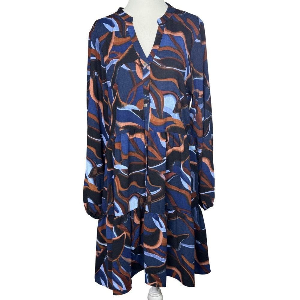 Nine West Womens Dress M Multicolor Abstract Print Tiered Long Sleeve Buttoned